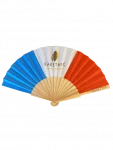 Eventail tricolore bleu blanc rouge en bois avec le logo Karethic