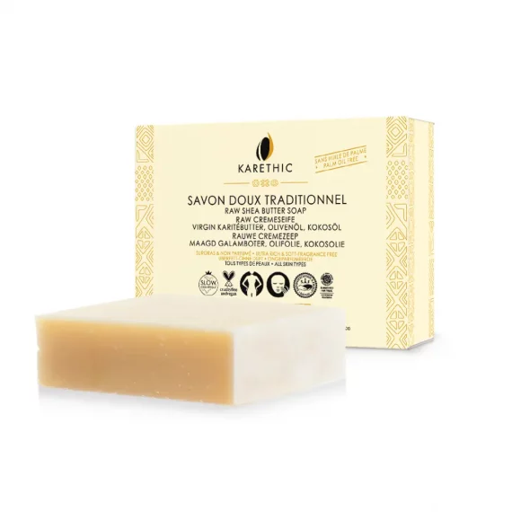 Un savon doux surgras et non parfumé, au karité bio et équitable, pour une hydratation intense